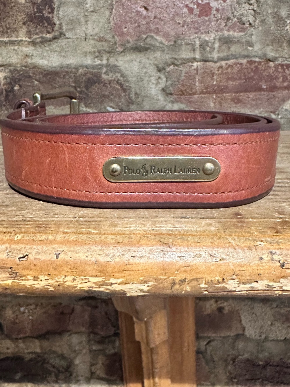 Vtg Polo Ralph Lauren Belt Solid Brass Brown Leather Brass Name Plate 36”